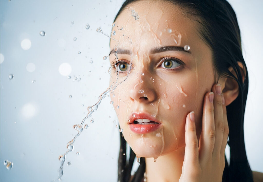 顔に水がかかって驚いている女性