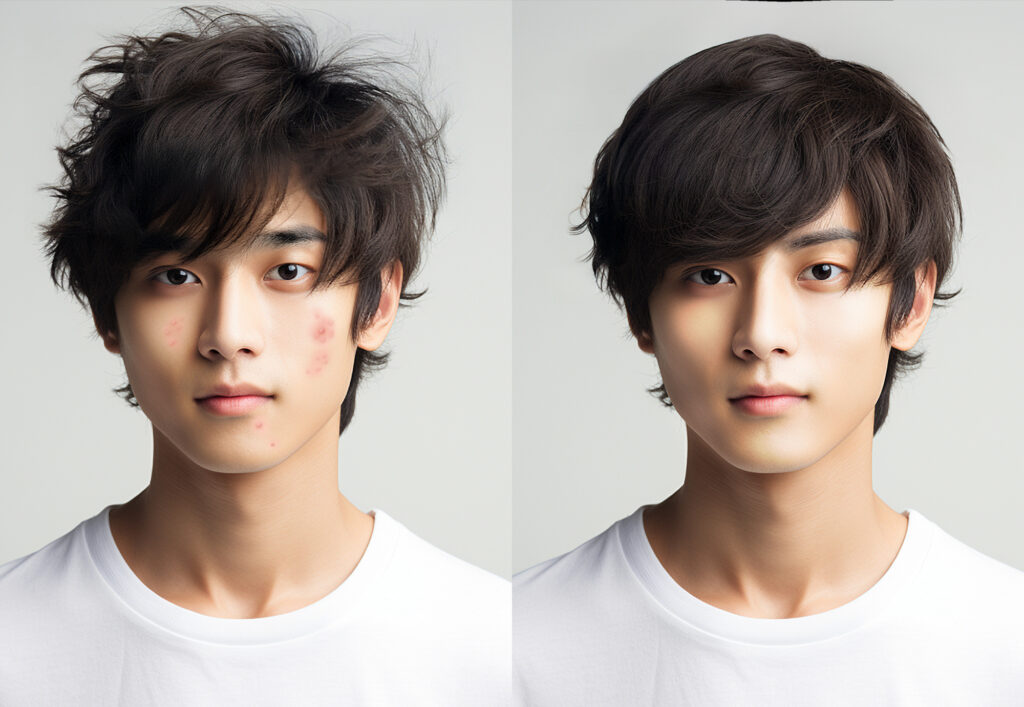 髪型や肌の状態だけしか変わっていないのに印象が異なる男性の画像