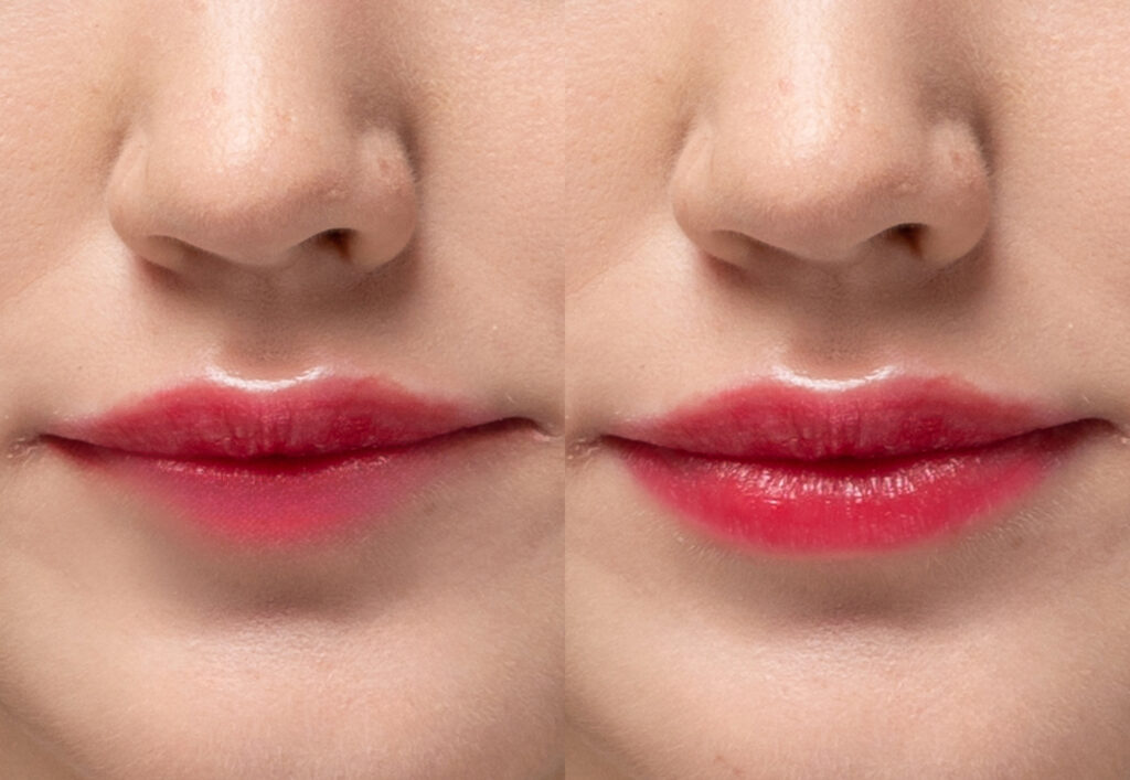 下唇の口紅をオーバーリップ気味に塗ることで口角が上がって見えることを表す画像