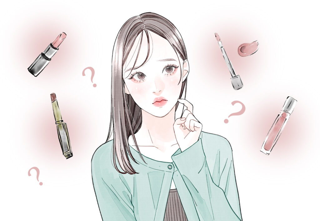 どの口紅を選んだらよいのか悩んでいる女性