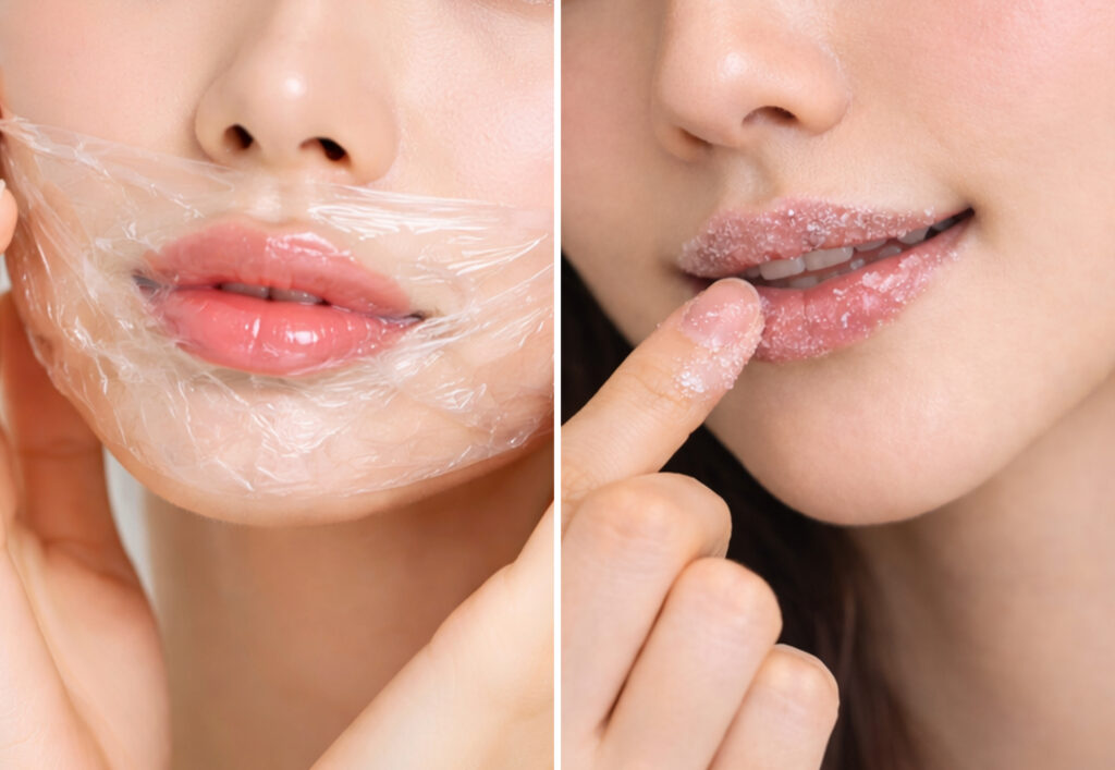 リップパックやリップスクラブをしている女性