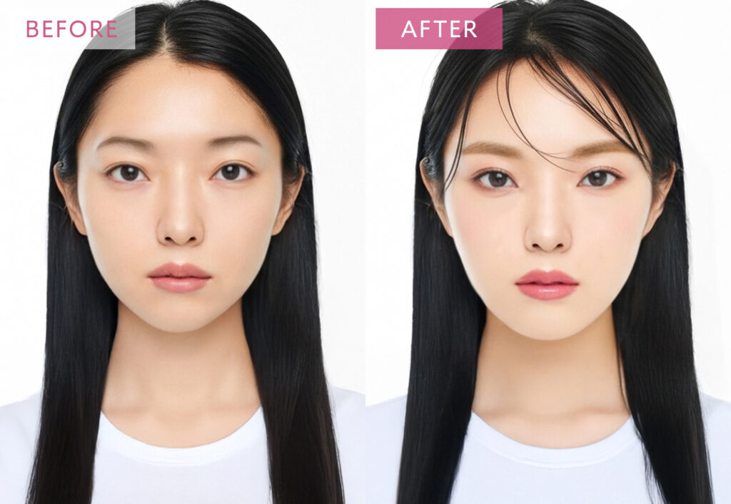 メイクによって遠心顔をやわらげた場合のビフォーアフター例