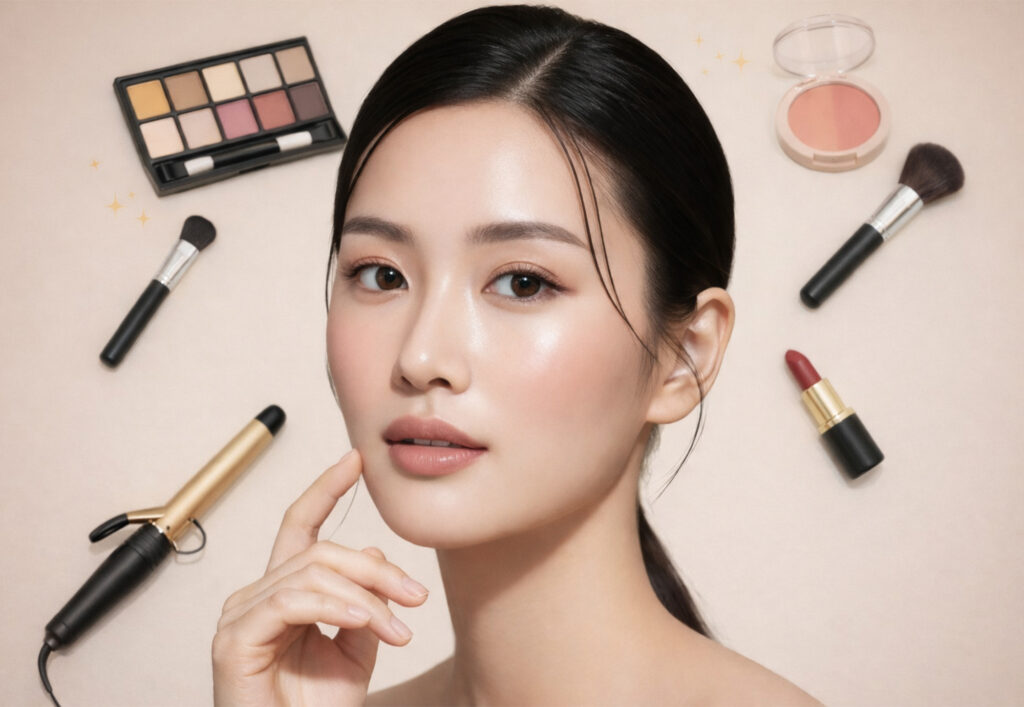 コスメに囲まれた女性