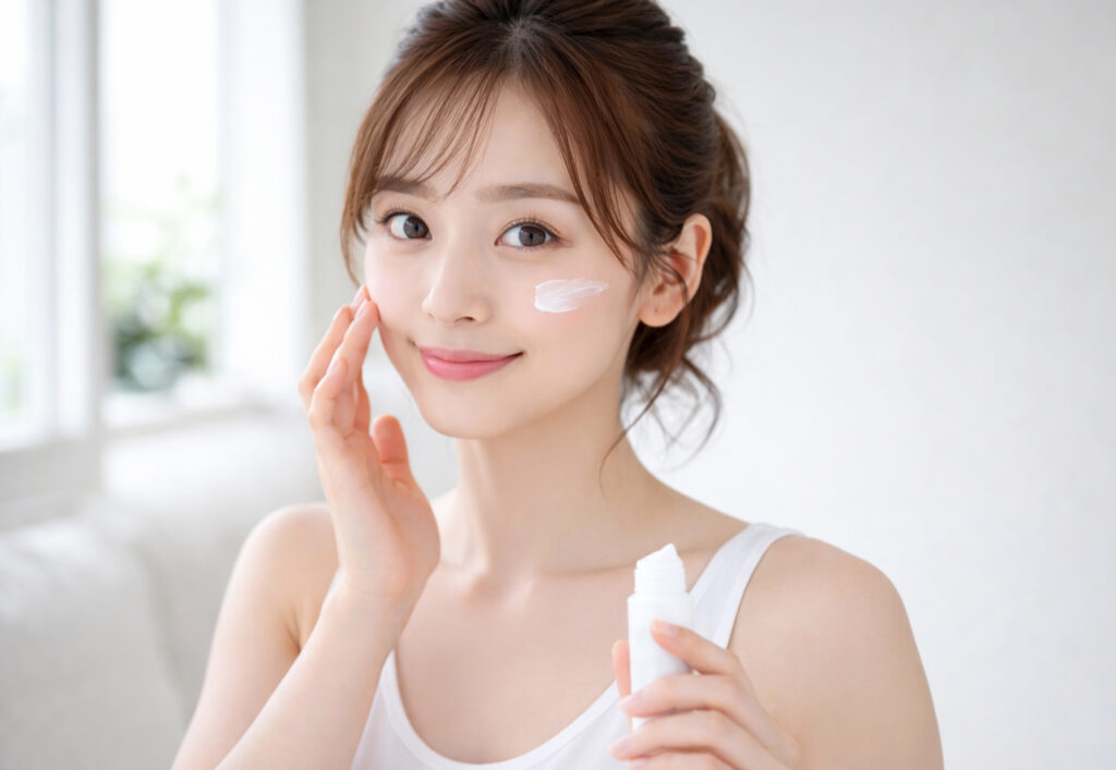 ピンク系の化粧下地を塗っている女性